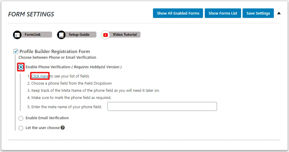OTP Verification Profile Builder Registration Form fields