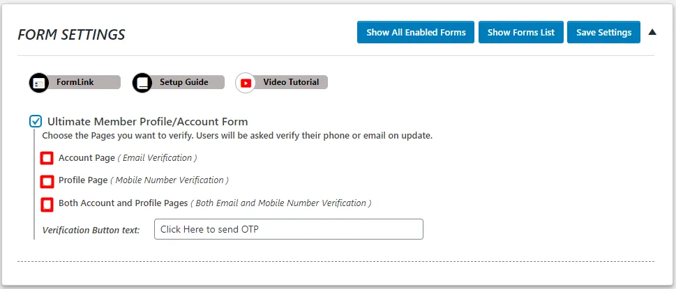 OTP Verification Ultimate Member Profile Account Page Form account page Profile page email phone