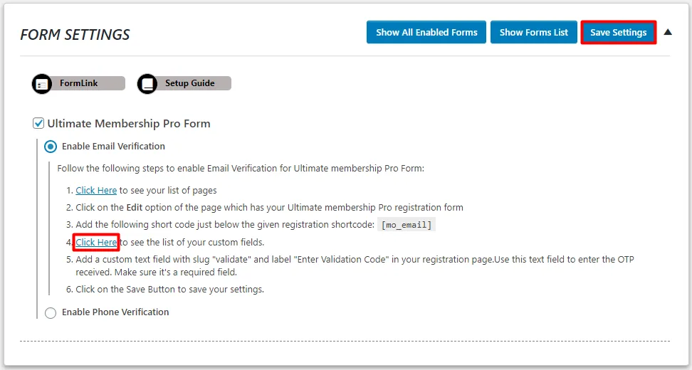 Ultimate Membership Pro Form settings click here