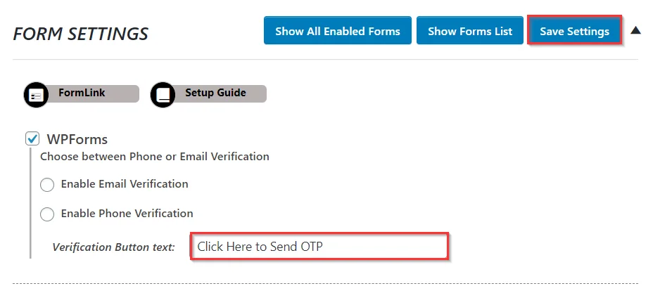 OTP Verification WP Forms Verification button text