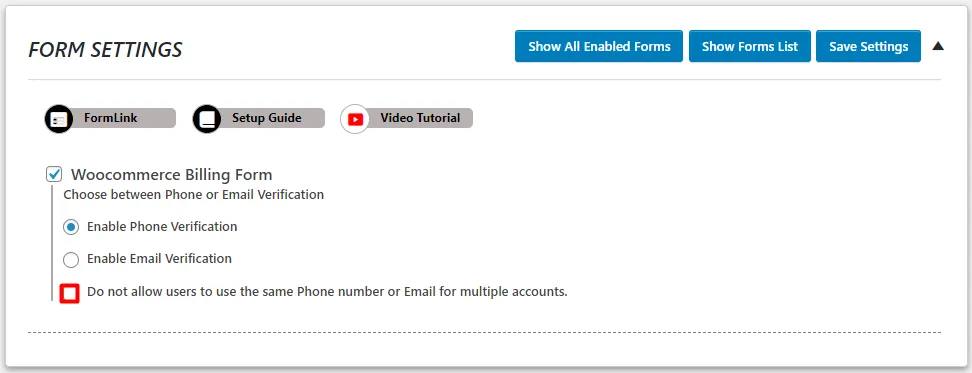 OTP Verification WooCommerce Billing Address Form restrict duplicate Phone Numbers or Email