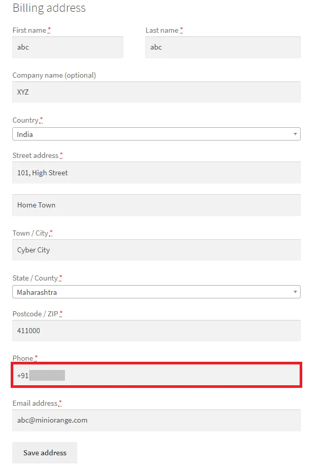 OTP Verification WooCommerce Billing Address Form Billing Address Page