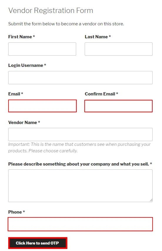 OTP Verification WooCommerce Product Vendor Registration Form Click to Send OTP