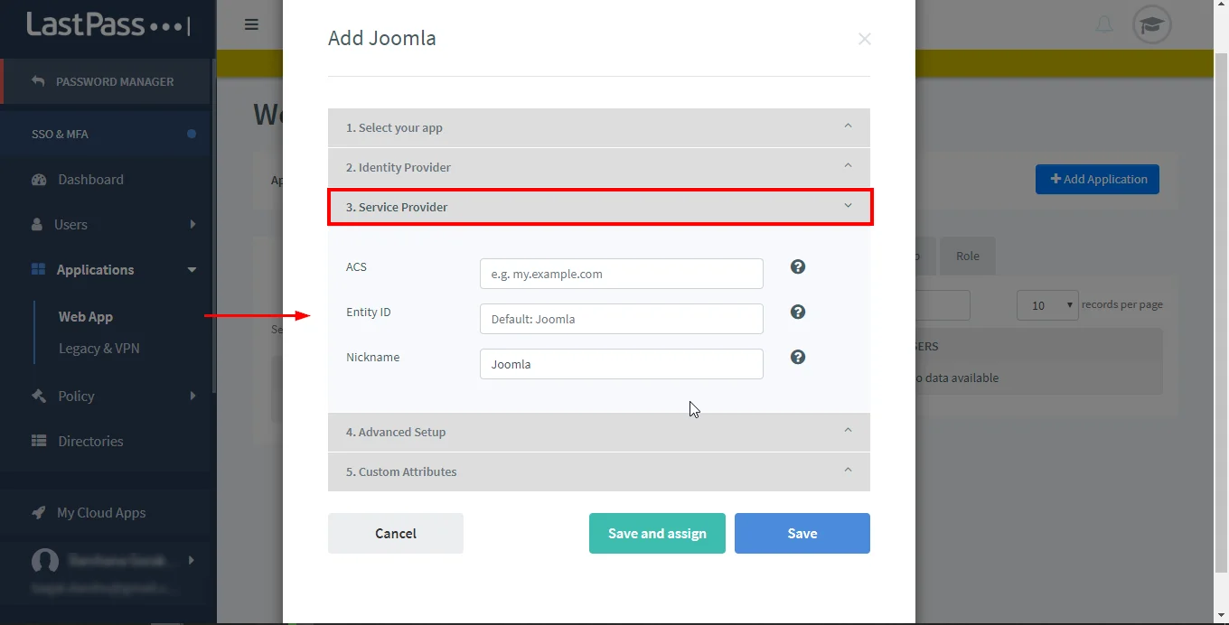  LastPass SAML SSO Single Sign On into Joomla with LastPass as IDP, Metadata tab