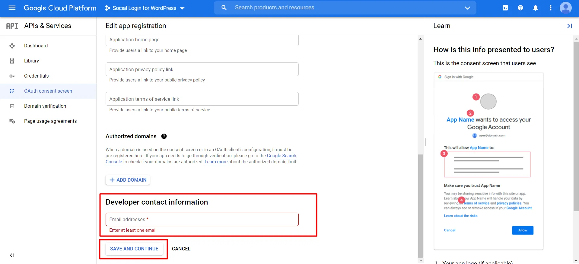 Google app authorization WordPress social login