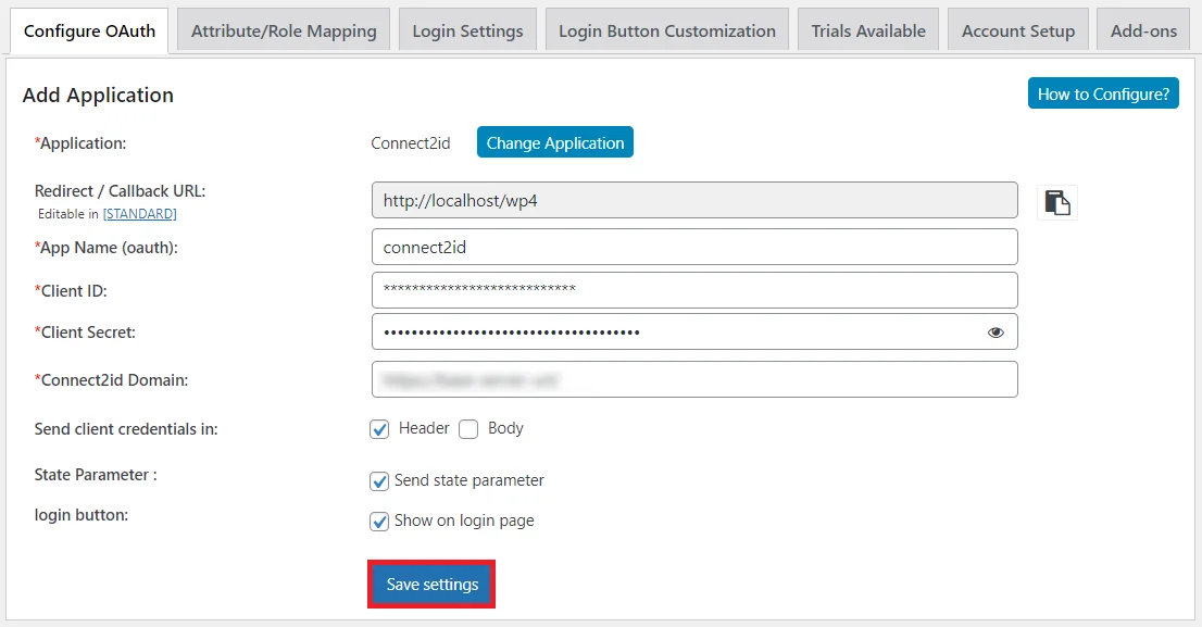 Connect2id single sign-on(sso) : save settings oauth client 