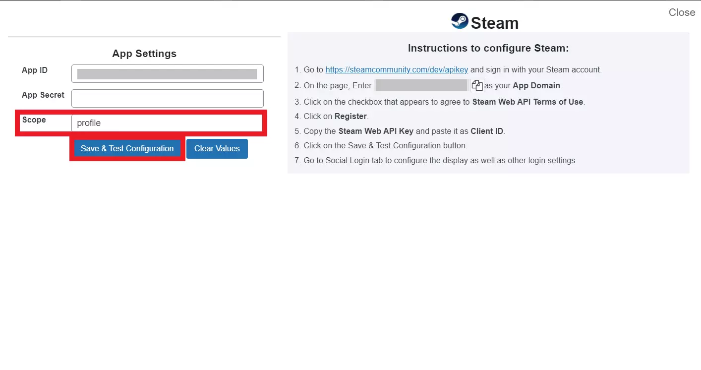 Save and test configuration for WP steam login