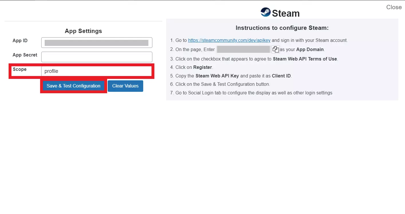 Guarde y pruebe la configuración para iniciar sesión en WP Steam