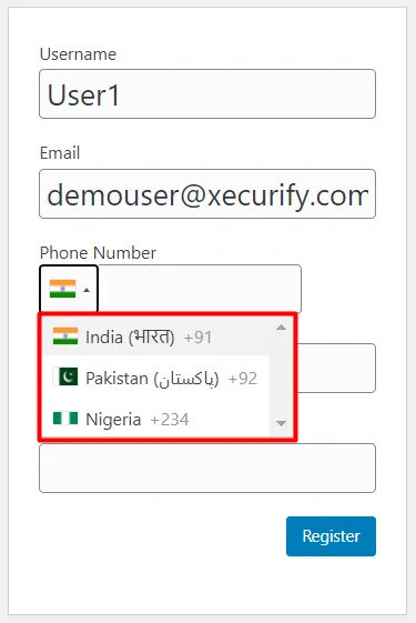OTP Verification Allow OTP to only Selected countries country code dropdown shown