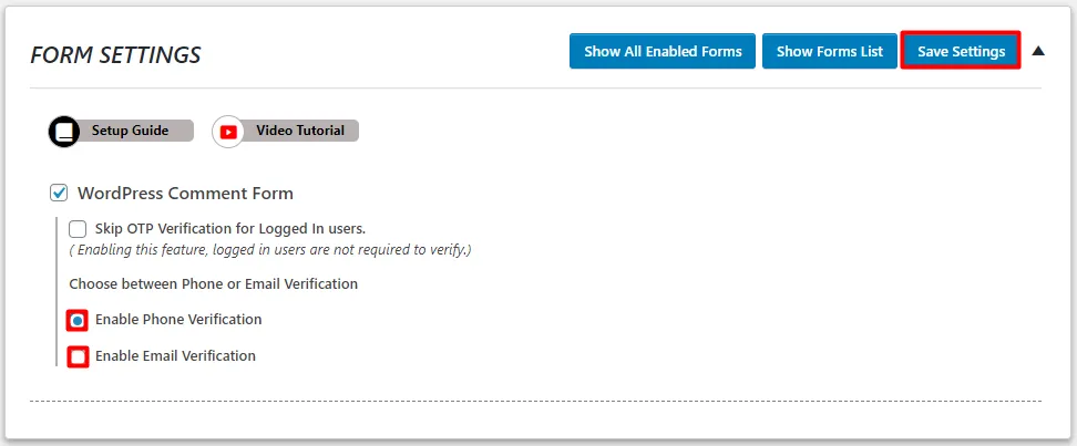 OTP Verification WordPress Comment Form Enable Phone Email Save Settings