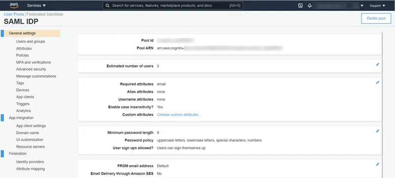 AWS Cognito as SP and Drupal as IDP, Manage User Pools