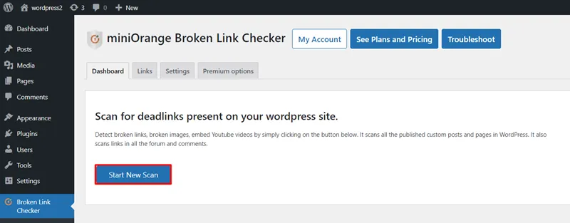 Broken Link Finder - Select broken link scan option