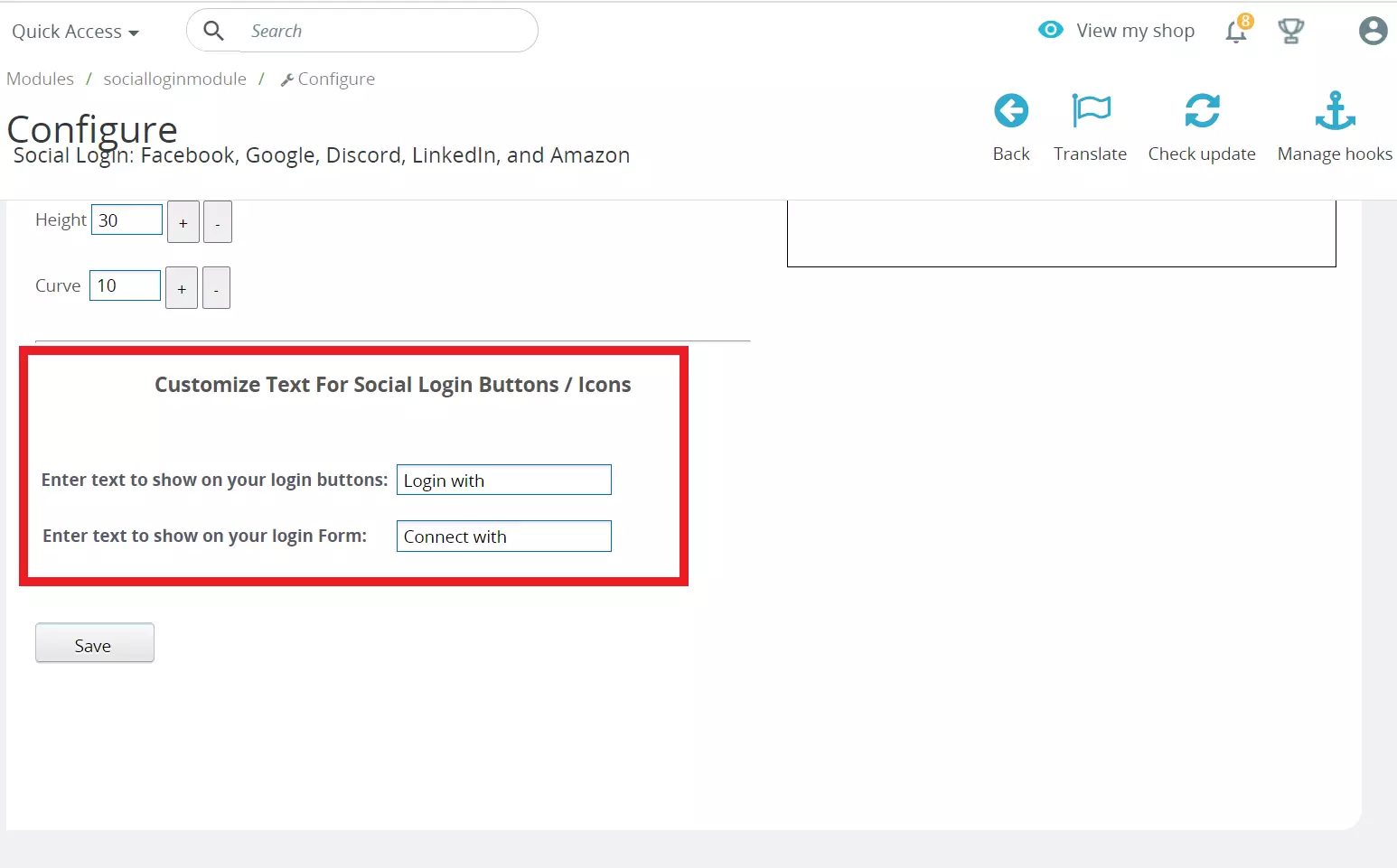 customize the text on login buttons and login form to configure social login prestashop