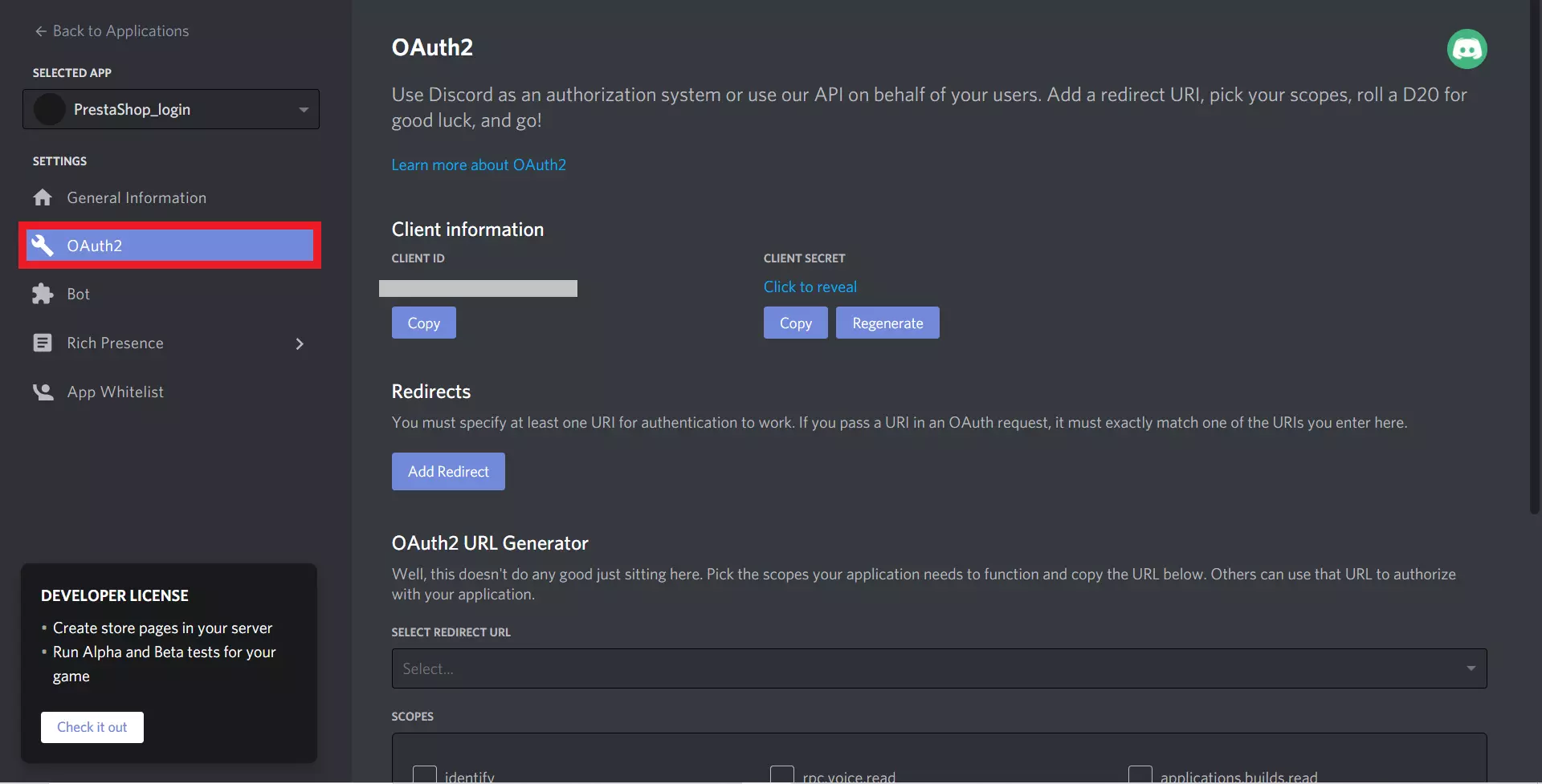 setup discord login app click on oauth2 tab for prestashop SSO