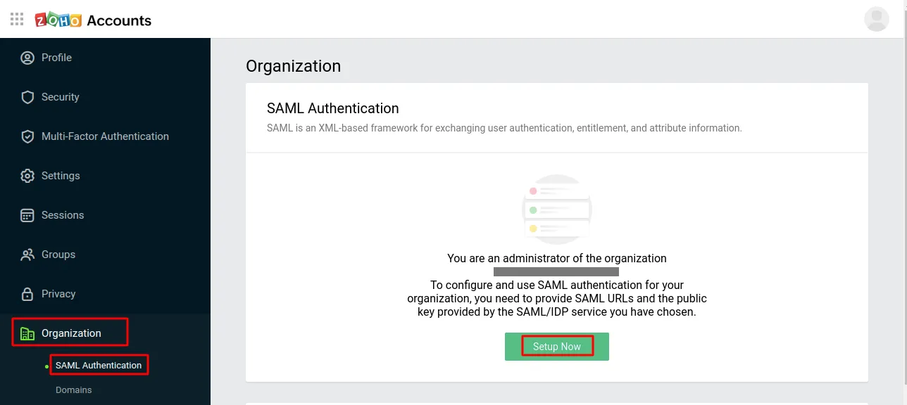 SAML Single Sign-On SSO Zoho as (SP) - select organization for setup