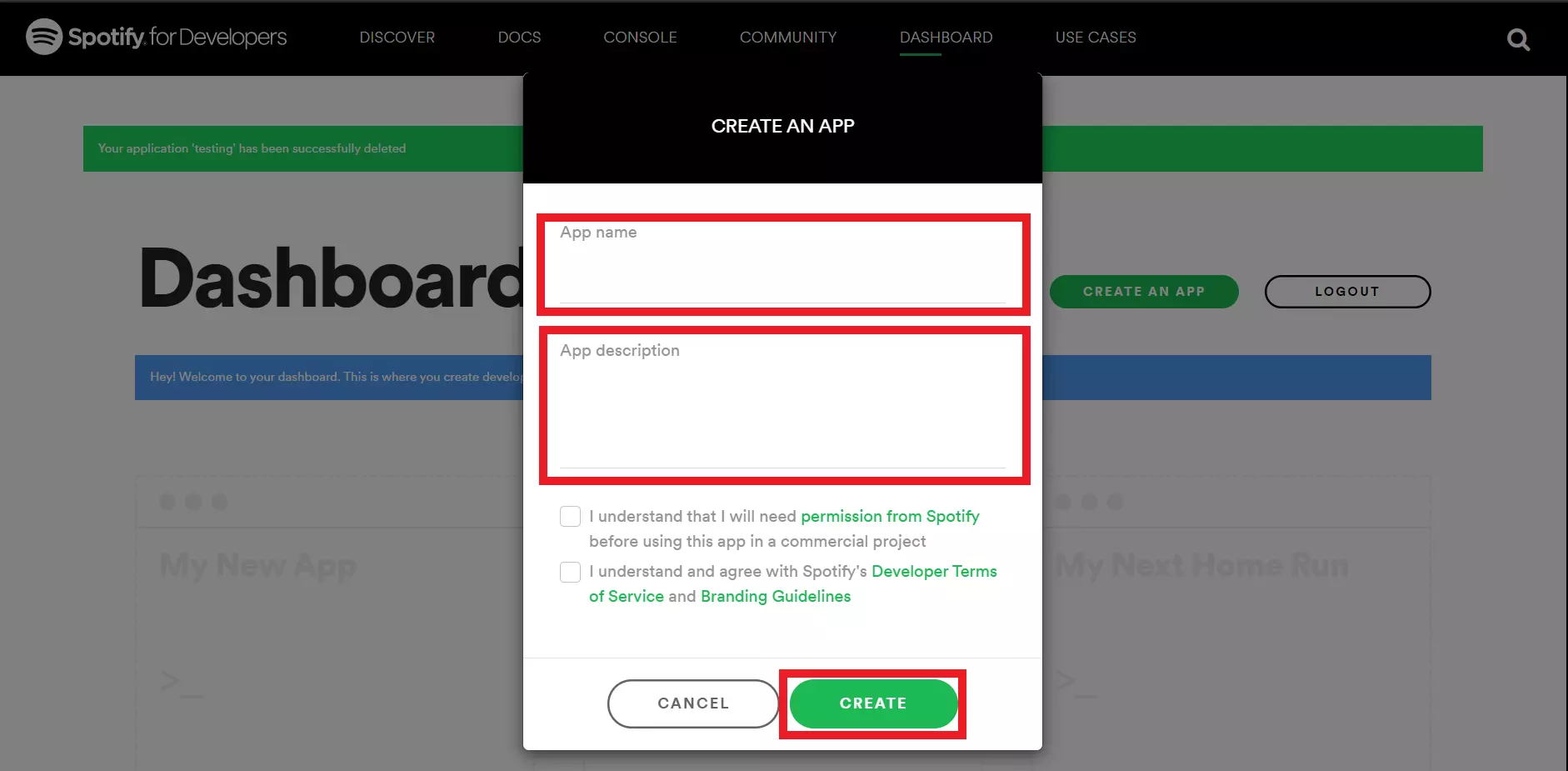 enter app name and description to enable spotify login on shopify