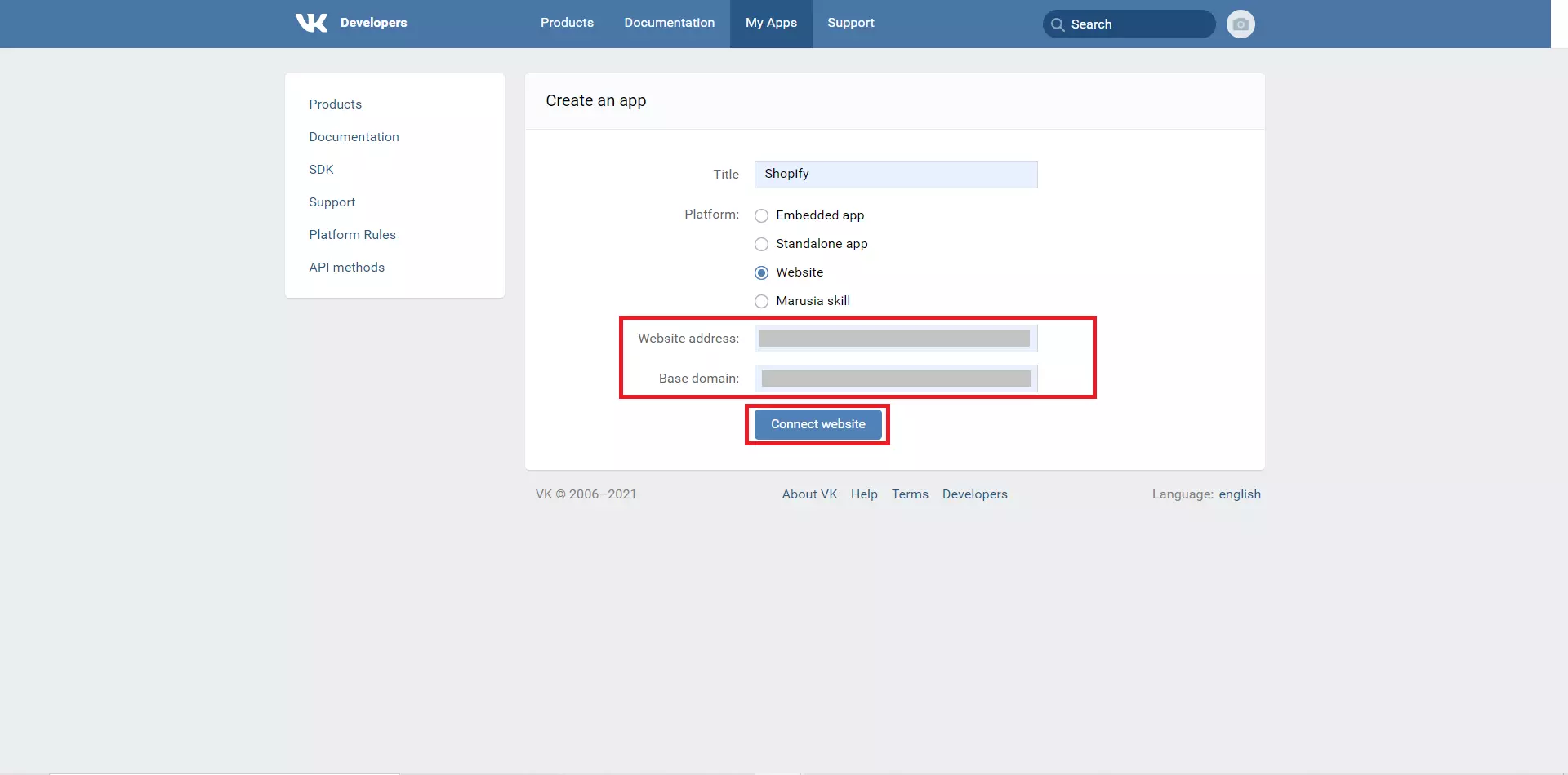 copy website address and base domain to connect vkontakte for shopify