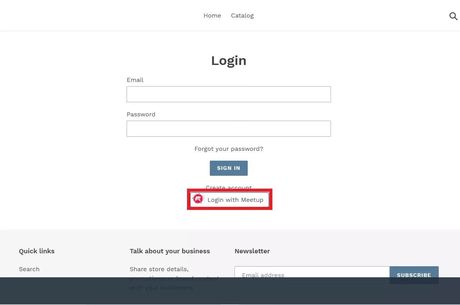 Shopify Meetup login button on shopify store to login with meetup