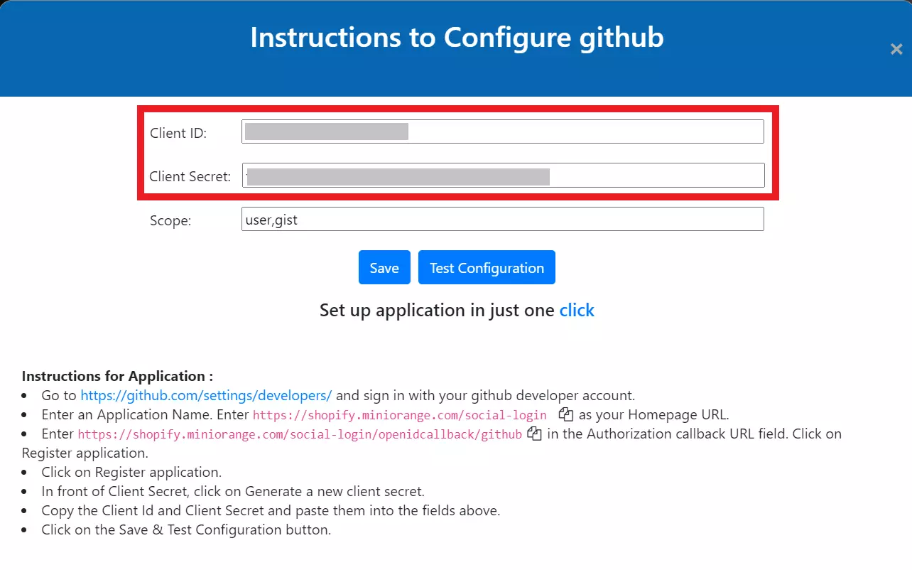 social login Client Id secret to connect with github for shopify store