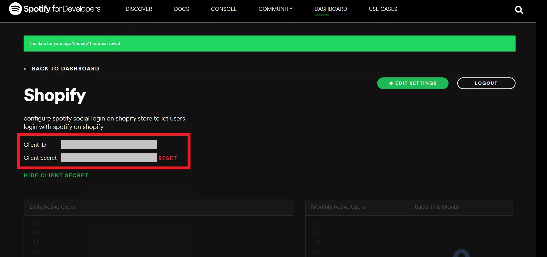 enable spotify copy client id and client secret to configure spotify