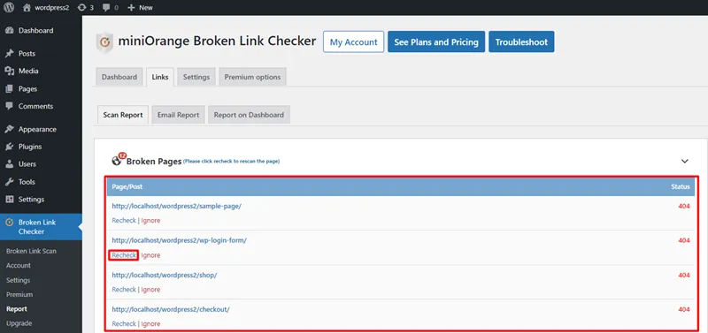 Broken Link Finder - Select scan report tab