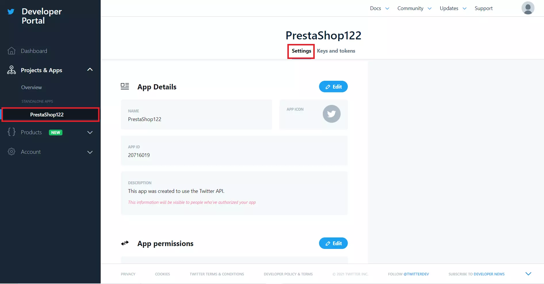 click on app name and settings button to enable prestashop twitter login
