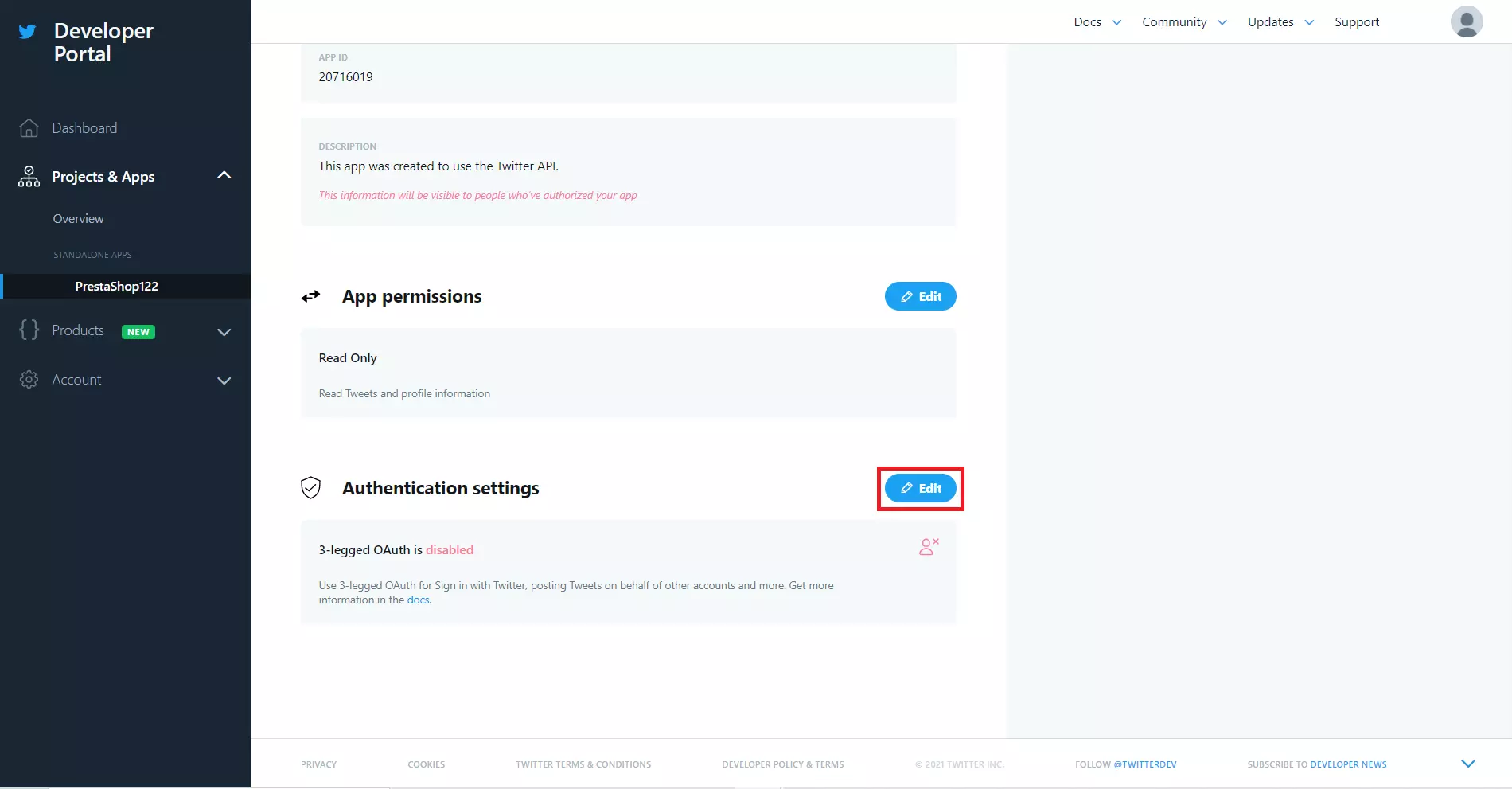 edit authentication settings to configure prestashop twitter social login