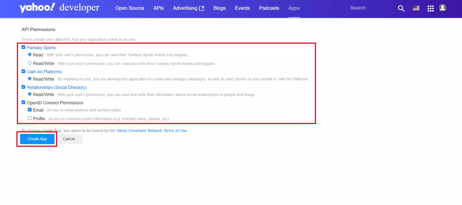 enable all API permissions to enable yahoo