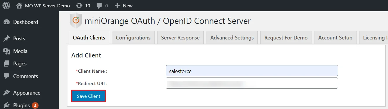OAuth server Single Sign-On(SSO)WordPress- Salesforce Authorized Redirect URI 