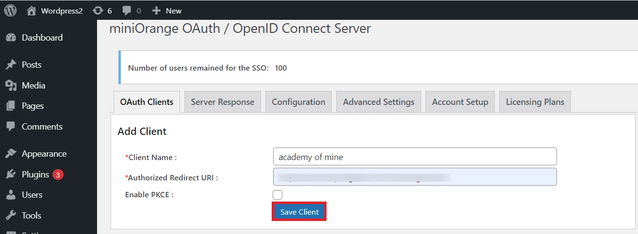 OAuth server Single Sign-On(SSO)WordPress- Academy Of Mine SSO Authorized Redirect URI 
