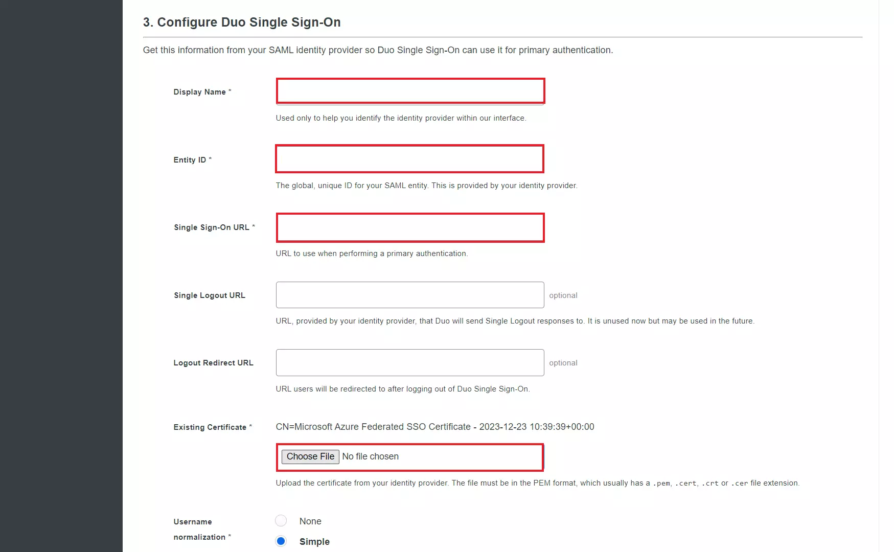 ASP.NET SAML Single Sign-On (SSO) using Duo as IDP - Configuration page