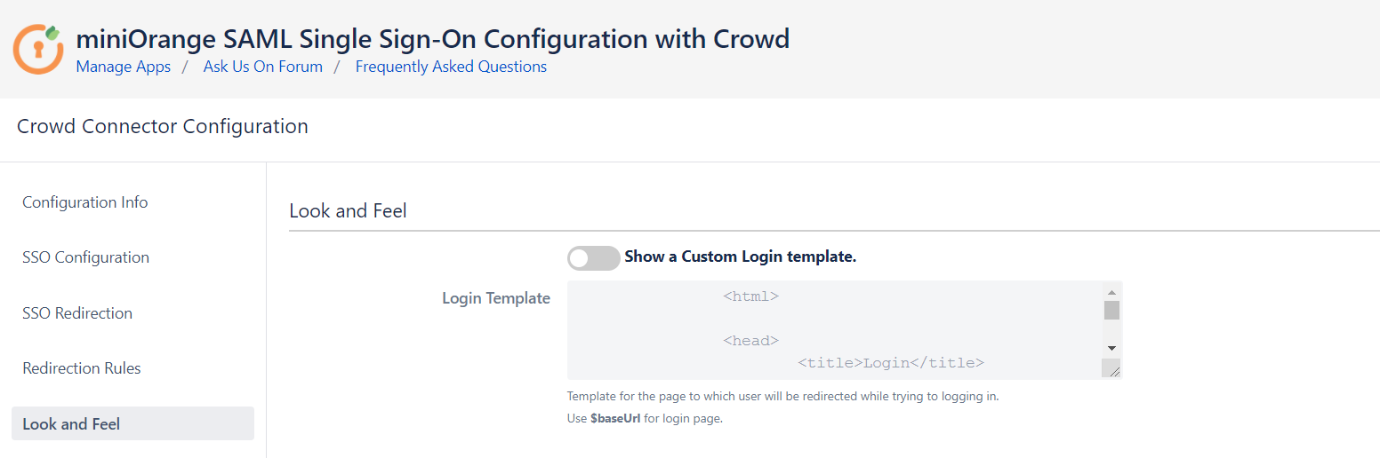 SAML Single Sign On (SSO) Connector for Crowd and Fisheye, Custom Login page