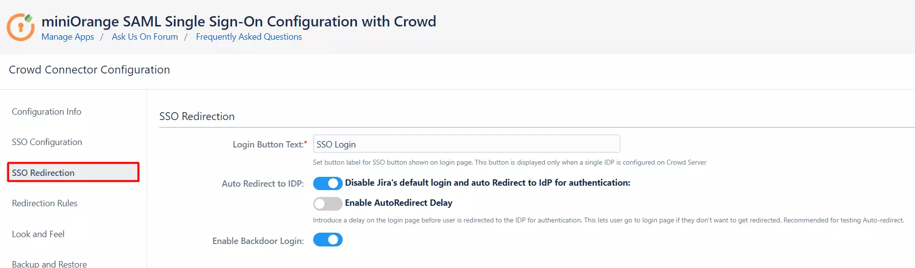 SAML Single Sign On (SSO) Connector for Crowd and Jira, SSO Redirection