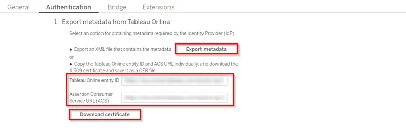 Tableau SAML Single Sign-On - download export metadata