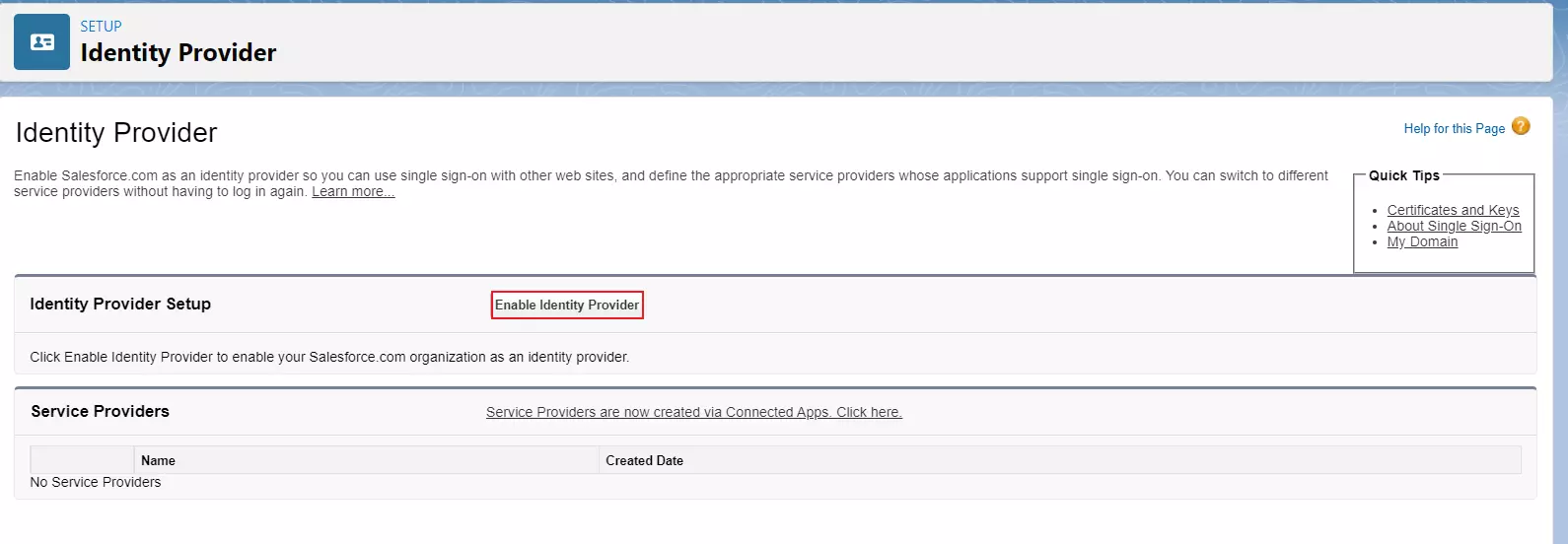 Enable IDP option to see Salesforce SAML endpoints