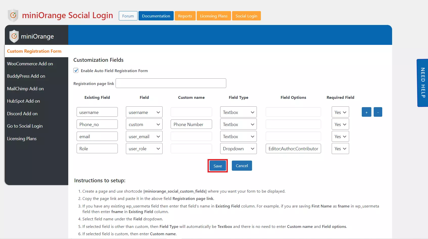 WordPress registration form click on save social login