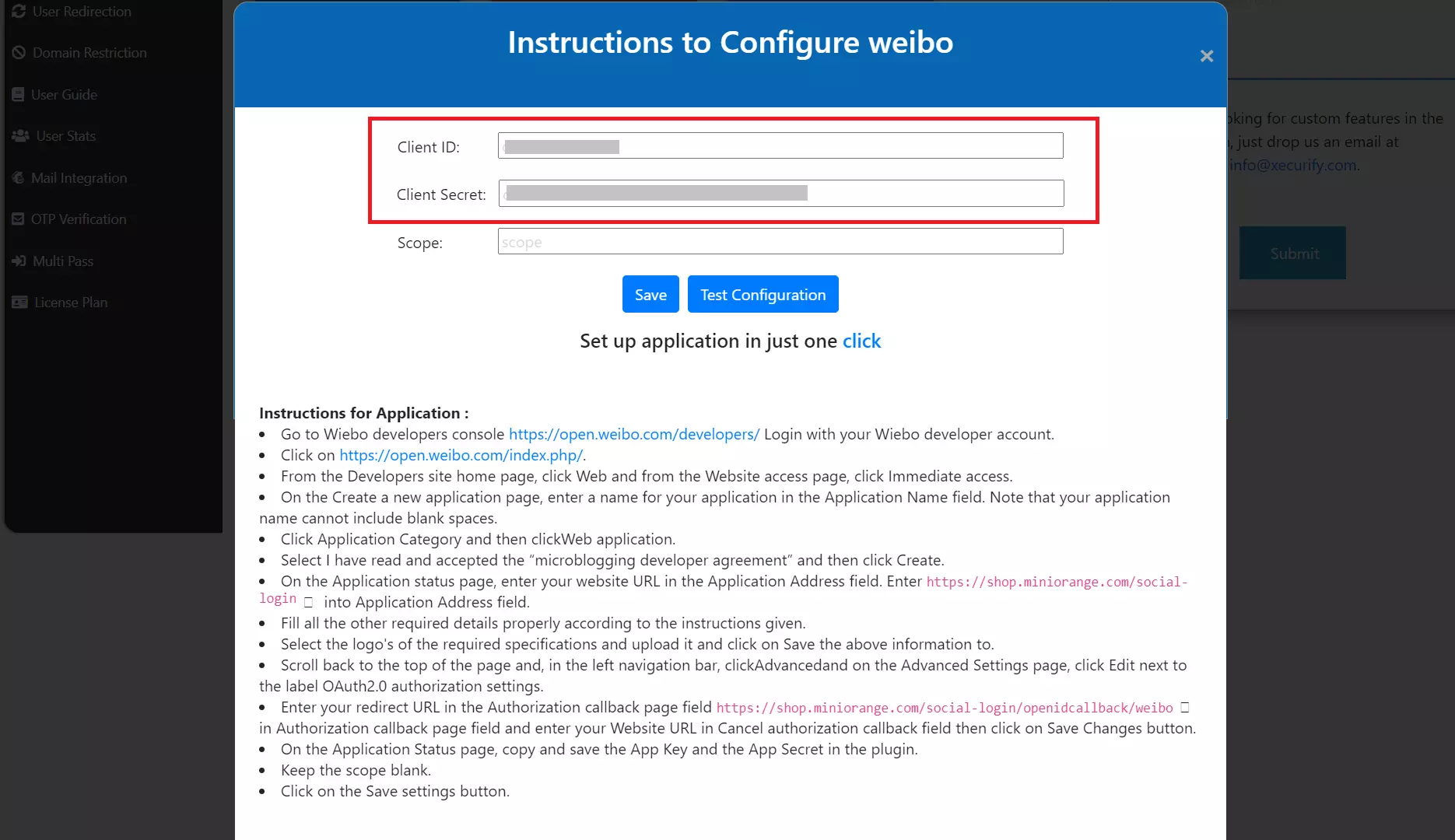 enable weibo shopify login client id and secret