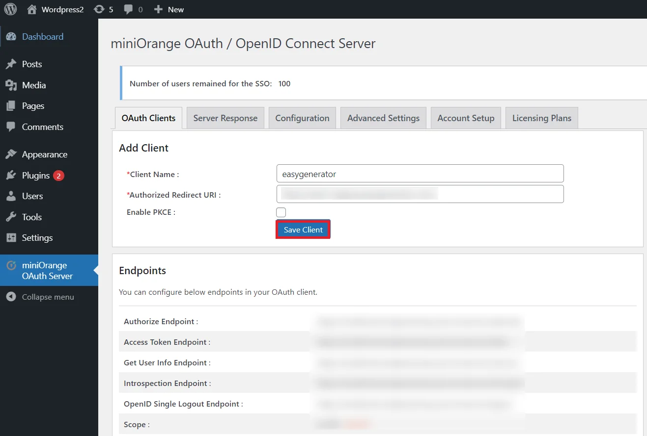 OAuth server Single Sign-On(SSO)WordPress- Easygenerator enter client details  