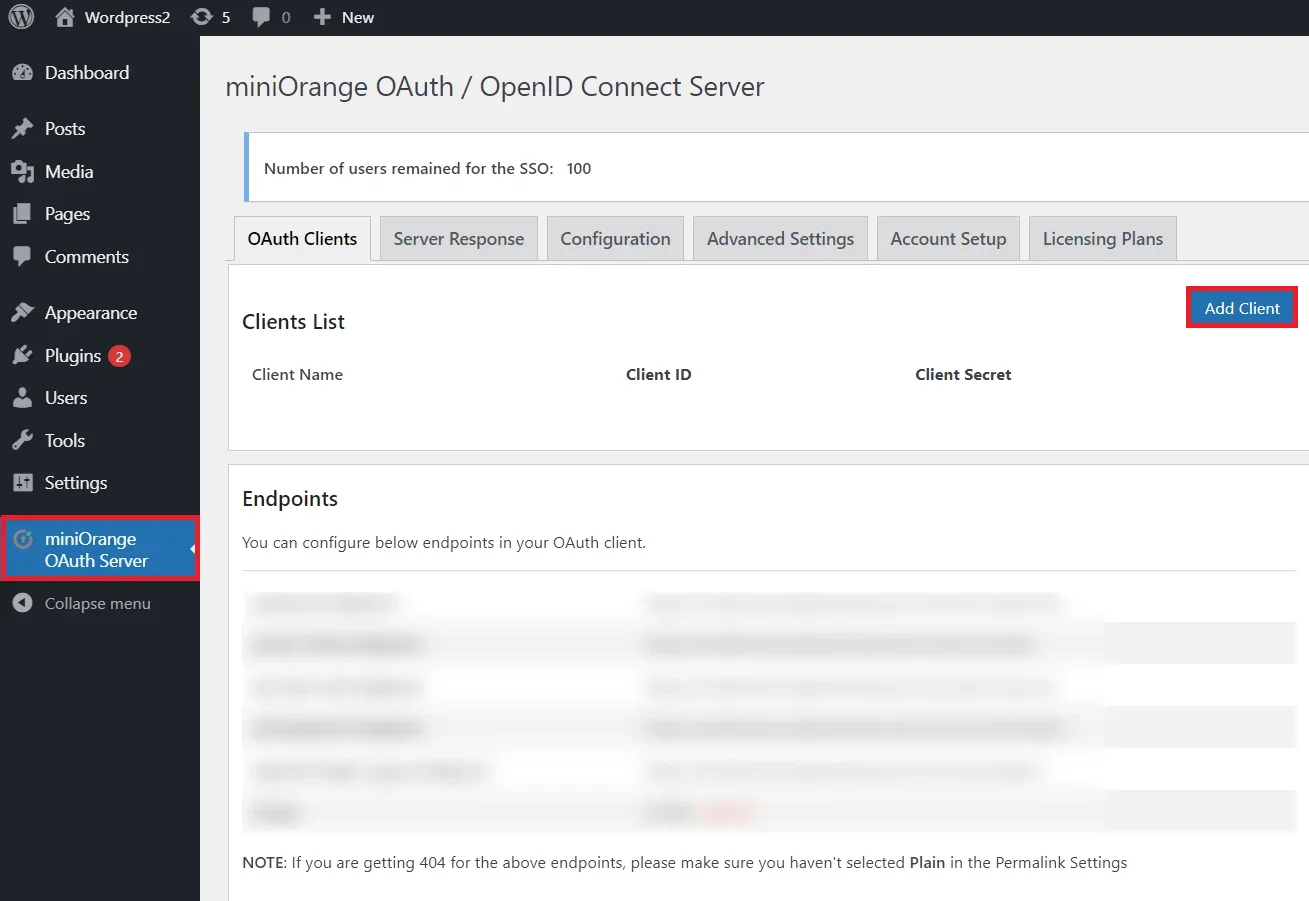 OAuth server Single Sign-On(SSO)WordPress- Church Online add client