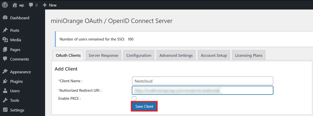 OAuth server Single Sign-On(SSO)WordPress- Nextcloud SSO Authorized Redirect URI 
