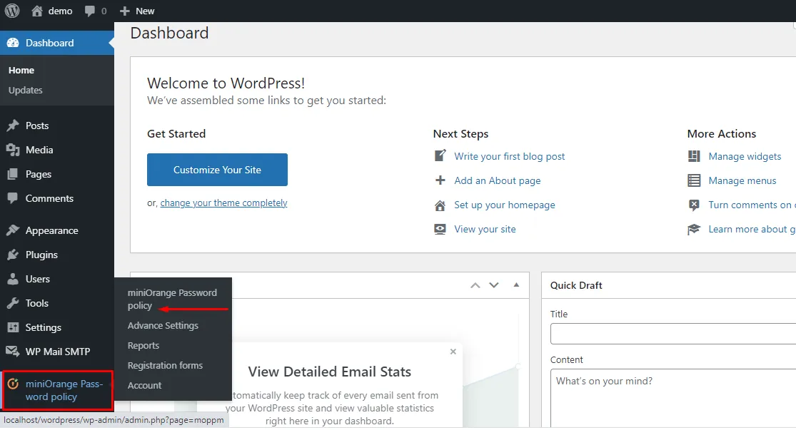 WordPress Dashboard password-policy