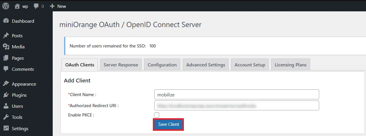 OAuth server Single Sign-On(SSO)WordPress- Mobilize Authorized Redirect URI 