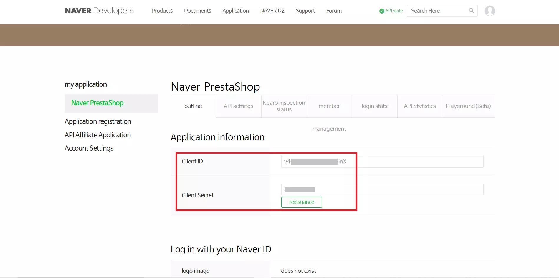 copy client ID and secret for prestashop naver login