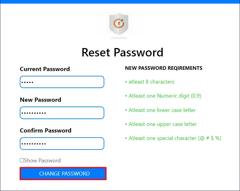 One Click Reset Password Policy - Reset Password Page