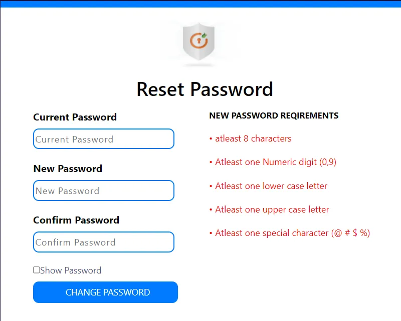 Password Policy - Reset your password page