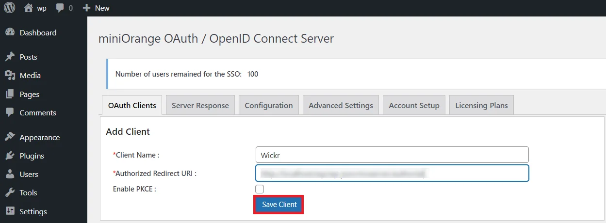 OAuth server Single Sign-On(SSO)WordPress- Wickr SSO Authorized Redirect URI 