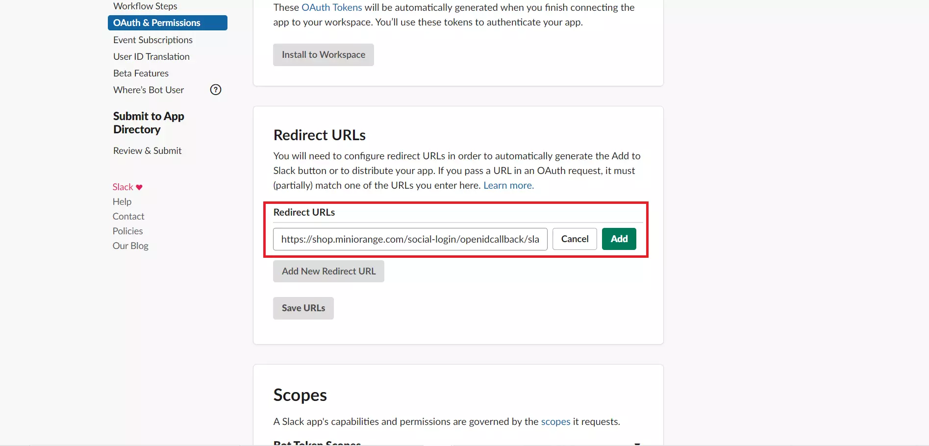 slack SSO shopify enter redirect URL
