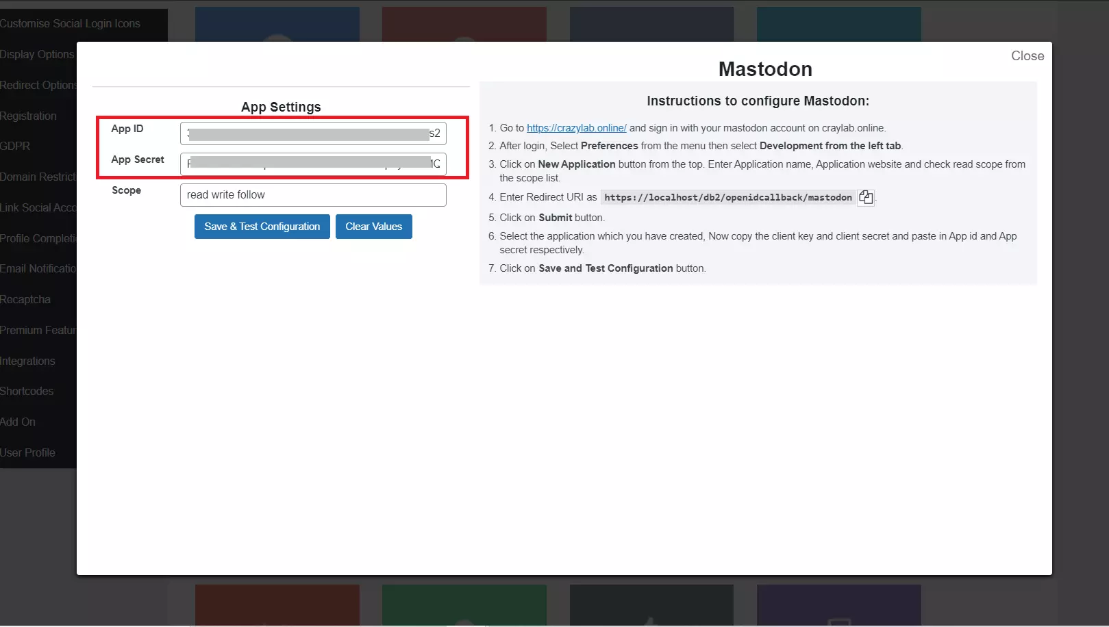 mastodon social login paste client ID and Secret for mastodon