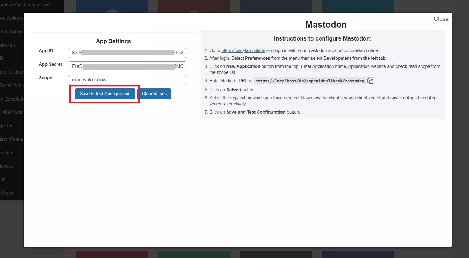 save and test configuration for mastodon SSO