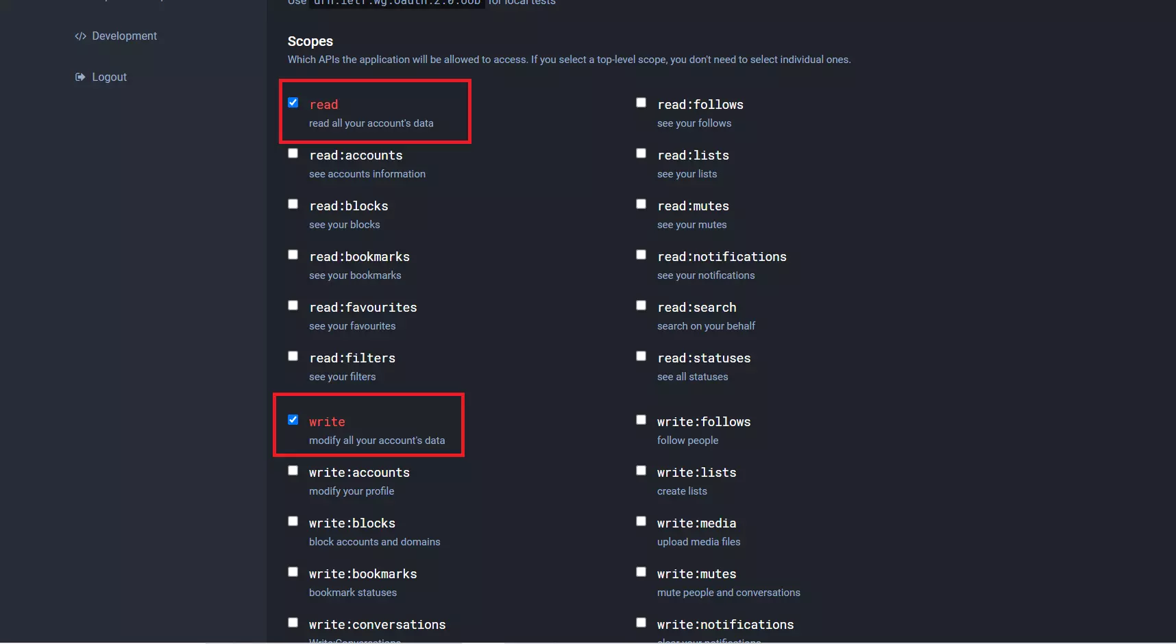 mastodon social login select scopes and submit